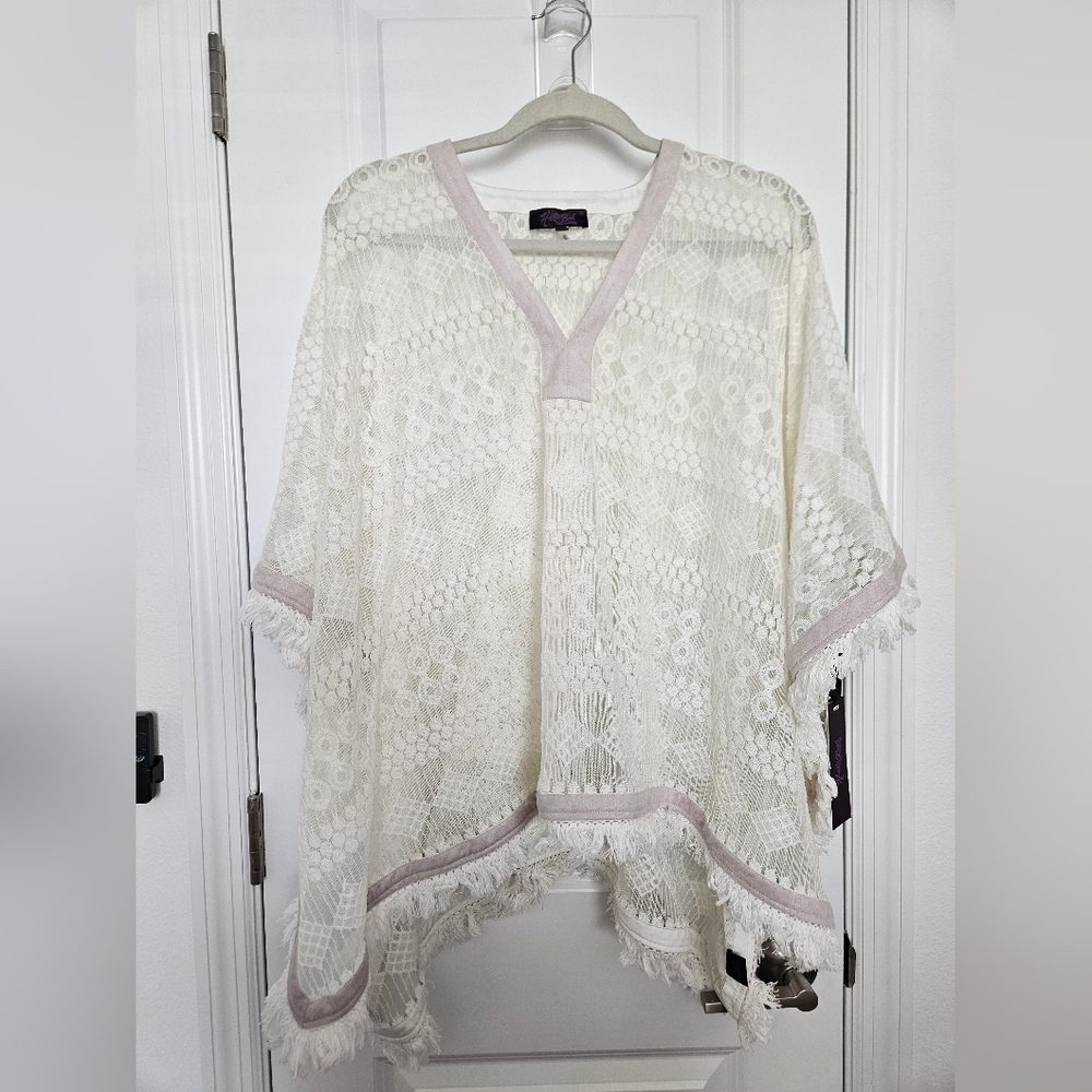NWT HaleBob Ivory Lace Poncho with Fringe Size SMALL